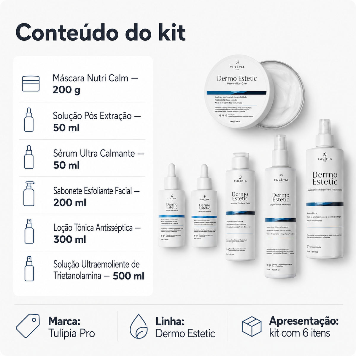 Tulípia Kit Dermo Estetic Limpeza Facial Profissional 6 Itens Controle Oleosidade Skincare
