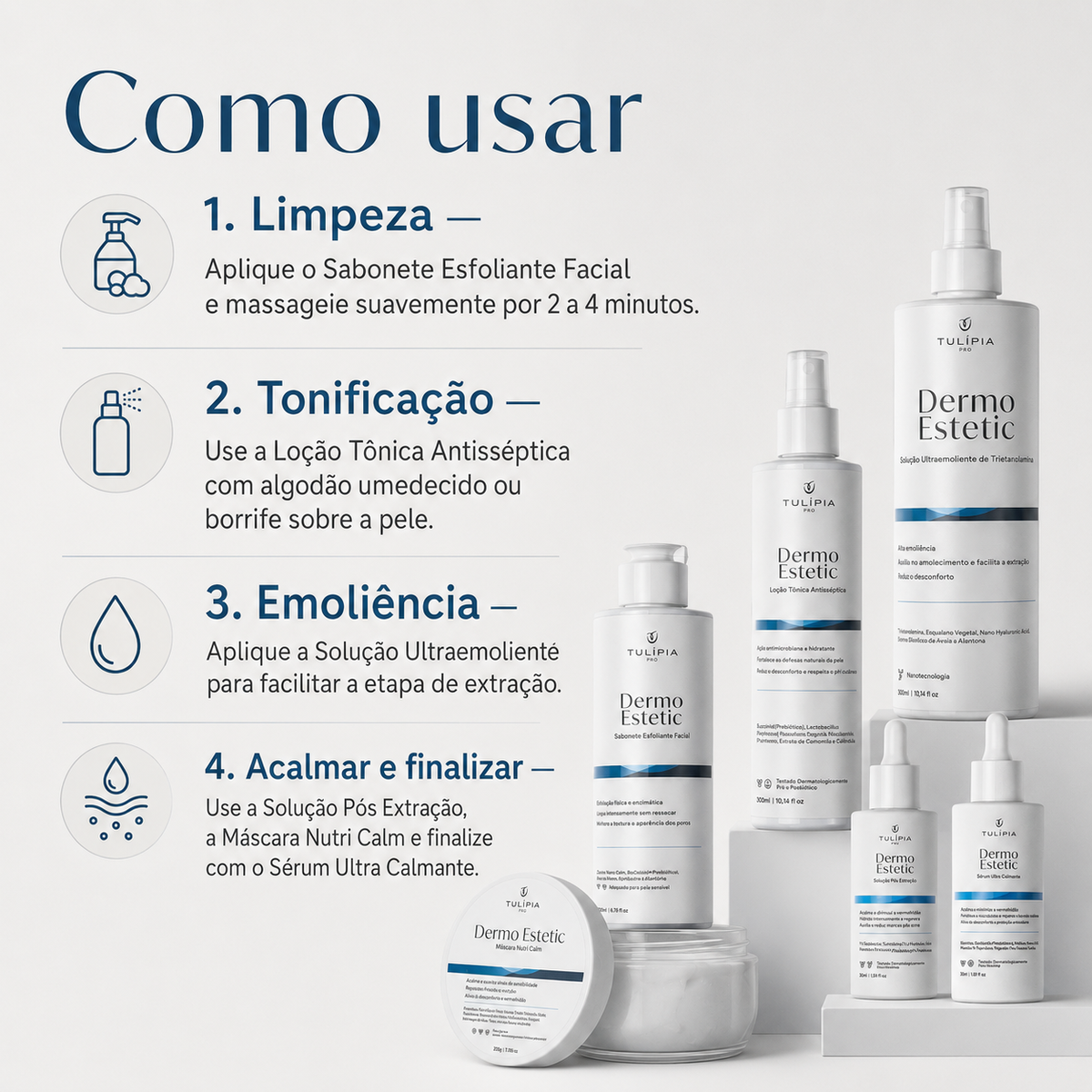 Tulípia Kit Dermo Estetic Limpeza Facial Profissional 6 Itens Controle Oleosidade Skincare
