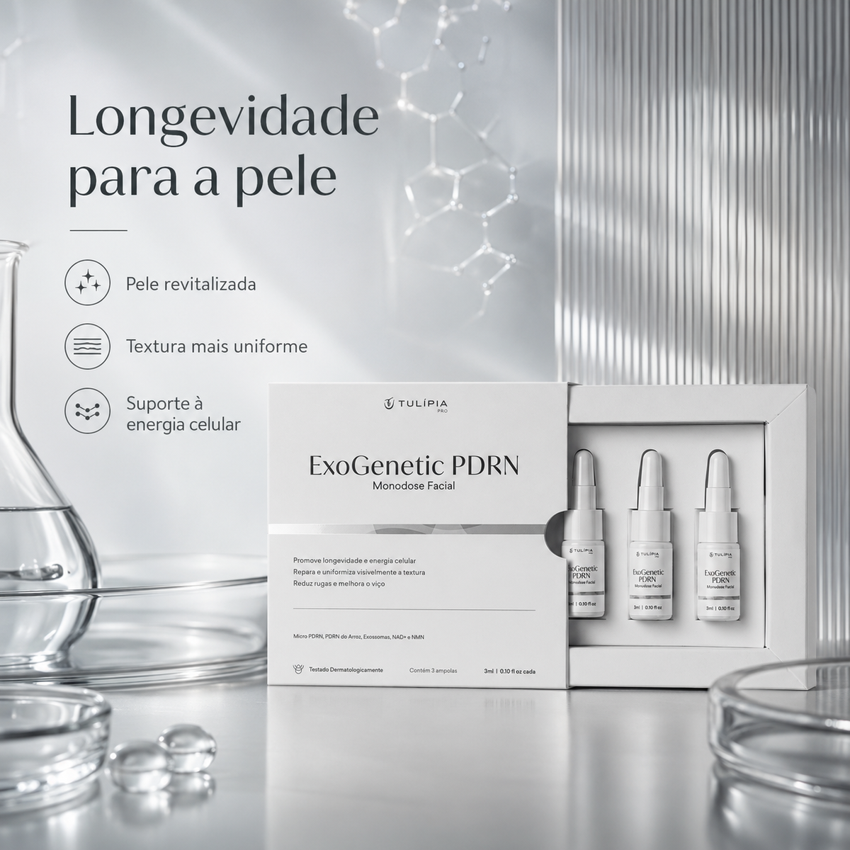 Tulípia ExoGenetic PDRN Monodose Facial 3 Ampolas 3ml Firmeza Viço Skincare Profissional
