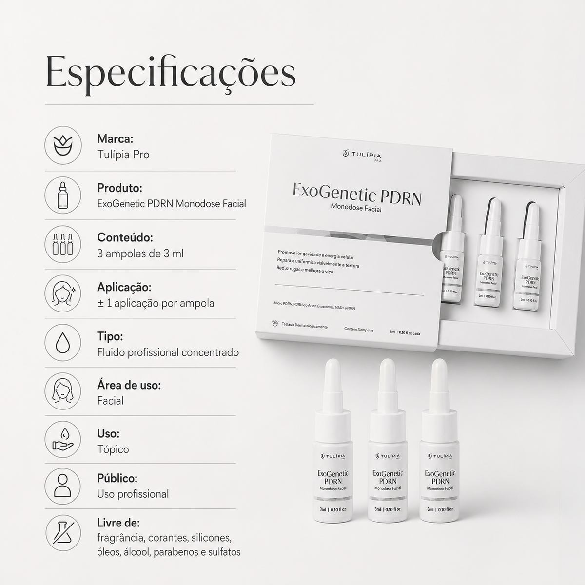 Tulípia ExoGenetic PDRN Monodose Facial 3 Ampolas 3ml Firmeza Viço Skincare Profissional