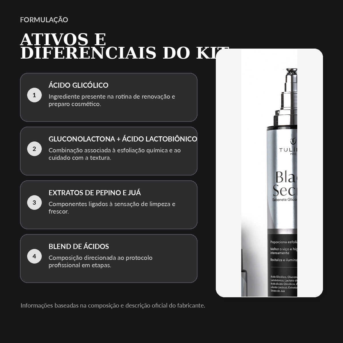 Tulípia Kit Peeling Premium Black Secret 4 Itens Renovação Viço Skincare Profissional