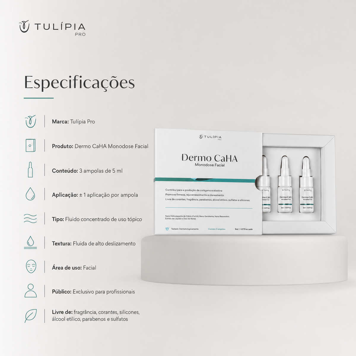 Tulípia Dermo CaHA Monodose Facial 3 Ampolas 5ml Firmeza Elasticidade Skincare Profissional
