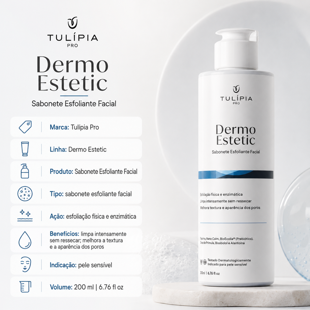 Tulípia Dermo Estetic Sabonete Esfoliante Facial 200ml Limpeza Skincare Profissional