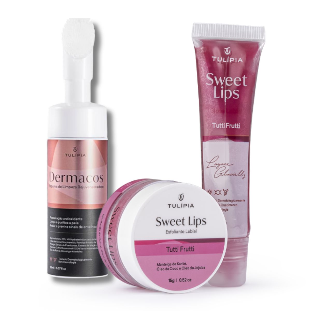 Kit Facial e Labial Tulípia Sabonete Mousse Esfoliante Gloss