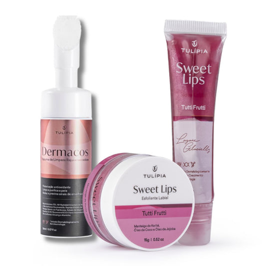 Kit Facial e Labial Tulípia Sabonete Mousse Esfoliante Gloss