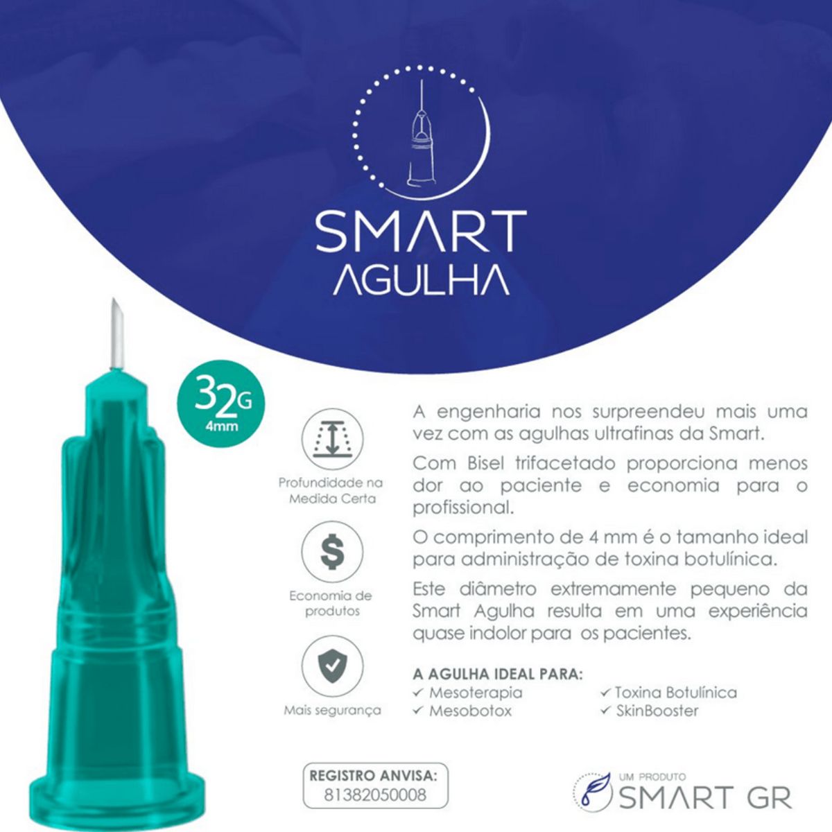 Agulha de Lebel para Mesoterapia 32G 4mm -100 un Smart GR