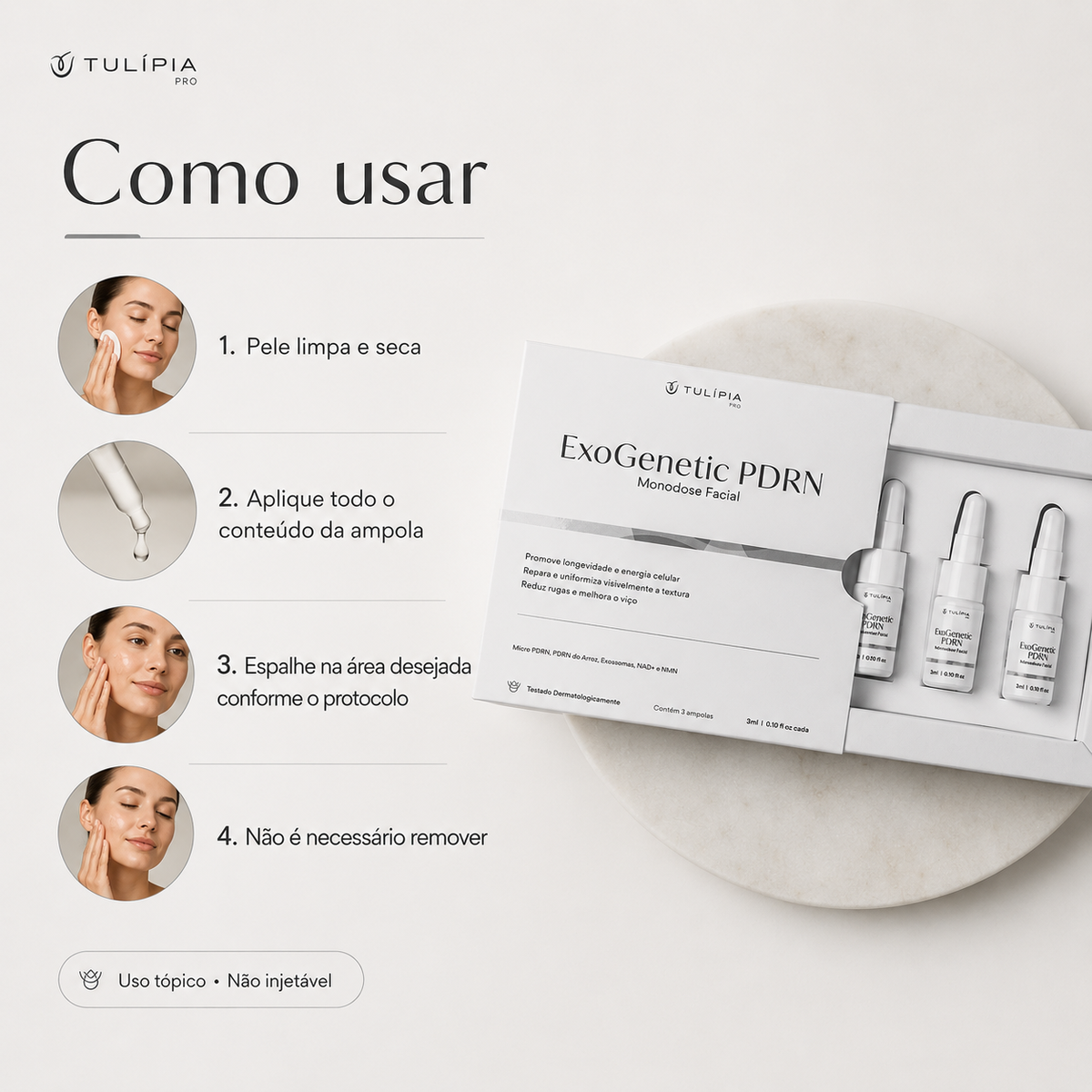 Tulípia ExoGenetic PDRN Monodose Facial 3 Ampolas 3ml Firmeza Viço Skincare Profissional