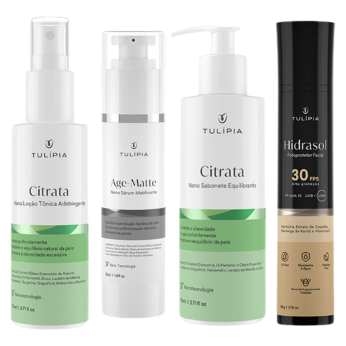 Kit Tulipia Peles Oleosas - Loção, Sabonete, Sérum, Protetor